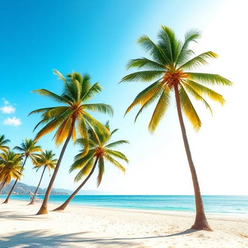 Camiseta com estampa de uma praia tropical com coqueiros